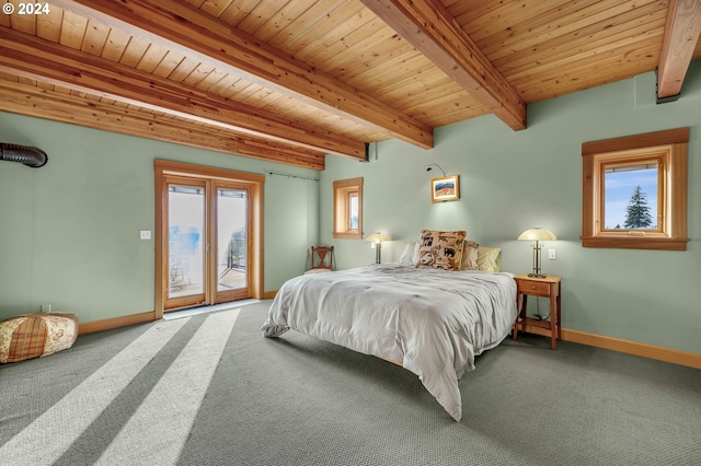 bedroom featuring carpet flooring, beam ceiling, access to exterior, and wooden ceiling