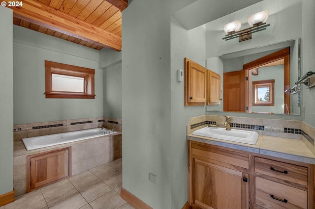 bathroom with wood ceiling, tile patterned flooring, beamed ceiling, and a healthy amount of sunlight