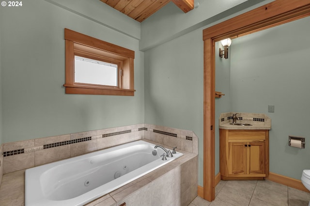 bathroom featuring vanity, tile patterned floors, toilet, wood ceiling, and tiled bath