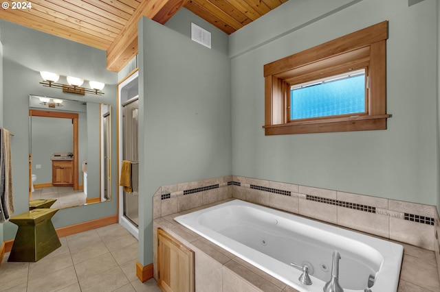 bathroom with tile patterned flooring, shower with separate bathtub, toilet, and wood ceiling