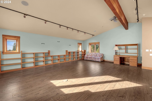 interior space featuring vaulted ceiling with beams, dark hardwood / wood-style flooring, and rail lighting