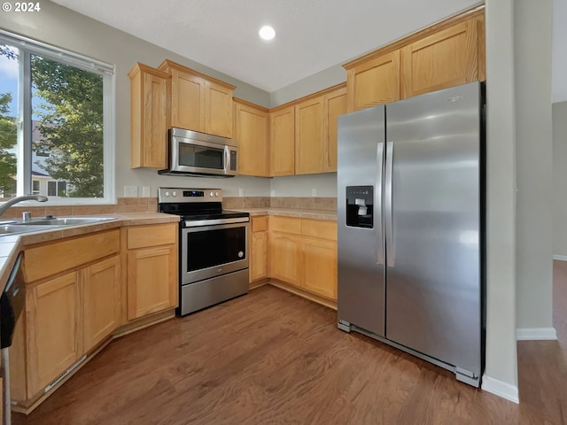 kitchen featuring light brown cabinetry, appliances with stainless steel finishes, and light hardwood / wood-style floors