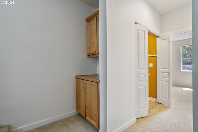 hallway with light colored carpet