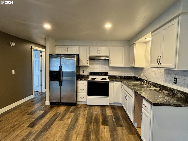 kitchen featuring dark wood-type flooring, white electric range, stainless steel fridge with ice dispenser, decorative backsplash, and white cabinetry