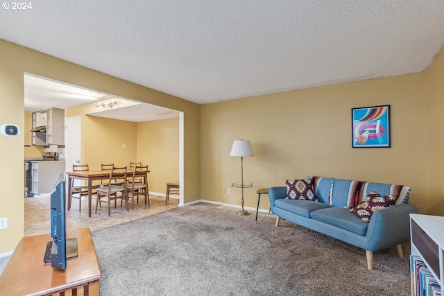 living room with carpet and a textured ceiling