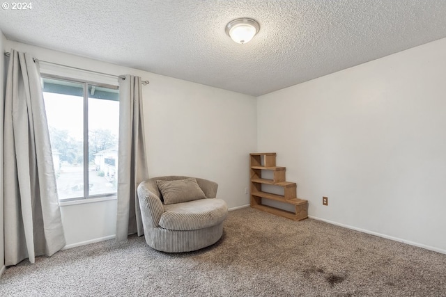 living area featuring carpet flooring and a textured ceiling