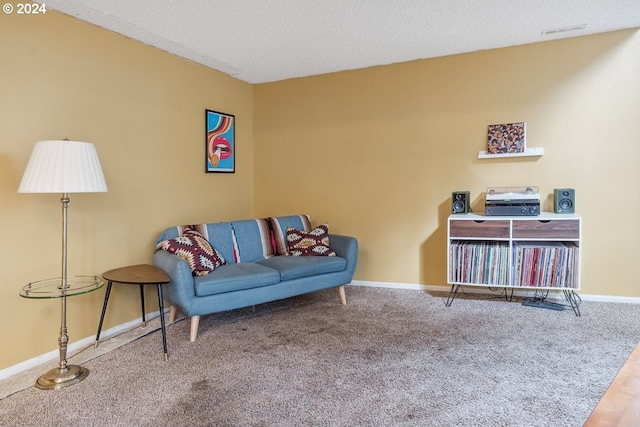 carpeted living room with a textured ceiling