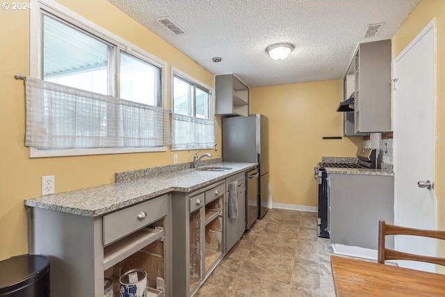 kitchen featuring gray cabinetry, sink, range hood, and appliances with stainless steel finishes