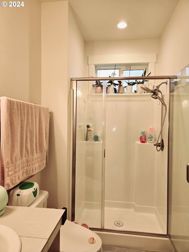 bathroom with vanity, toilet, and a shower with door