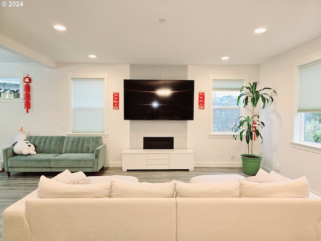 living room with hardwood / wood-style flooring and a tiled fireplace