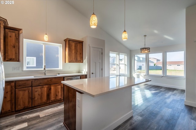 kitchen featuring sink, pendant lighting, and dark hardwood / wood-style floors