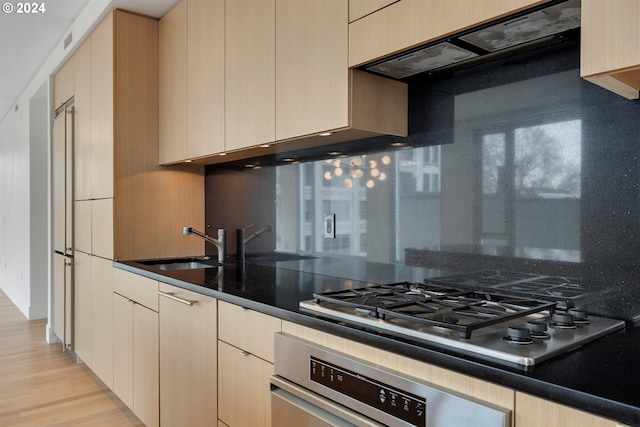 kitchen featuring backsplash, light hardwood / wood-style floors, range hood, and stainless steel appliances