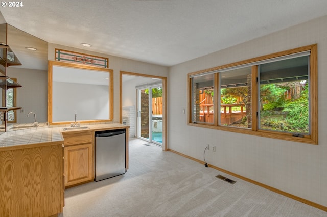 kitchen featuring washer / clothes dryer, a skylight, light hardwood / wood-style floors, tile counters, and sink