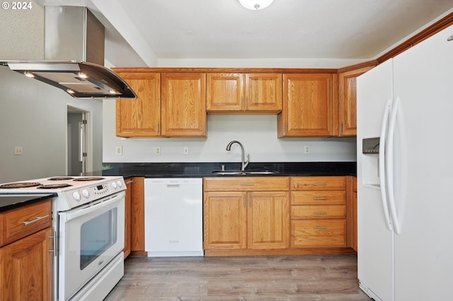 kitchen with island range hood, sink, light hardwood / wood-style flooring, and white appliances