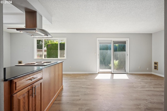 kitchen with a wealth of natural light, island range hood, white electric cooktop, and light hardwood / wood-style floors