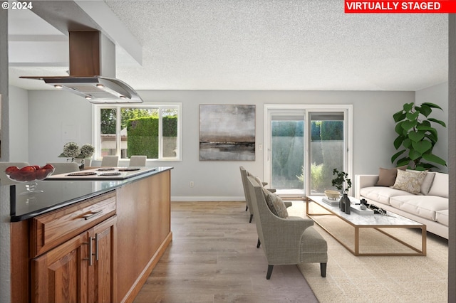 kitchen with a wealth of natural light, island range hood, a textured ceiling, and light hardwood / wood-style flooring