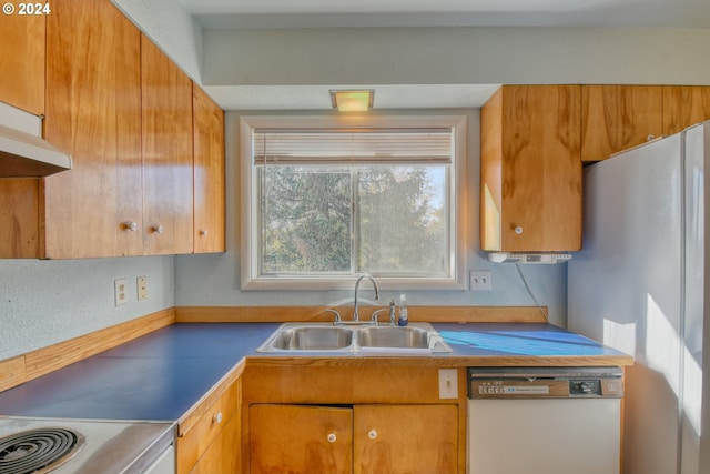 kitchen featuring stove, sink, white dishwasher, and stainless steel refrigerator