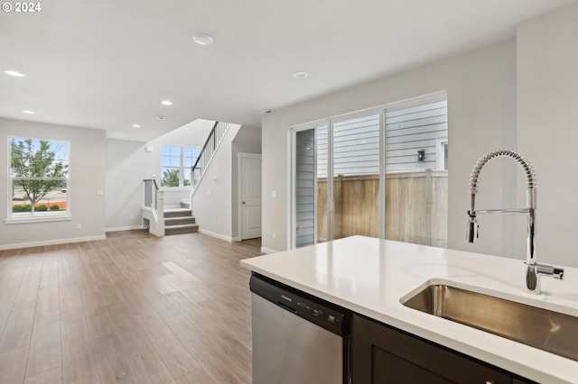 kitchen featuring dishwasher, sink, and light hardwood / wood-style flooring