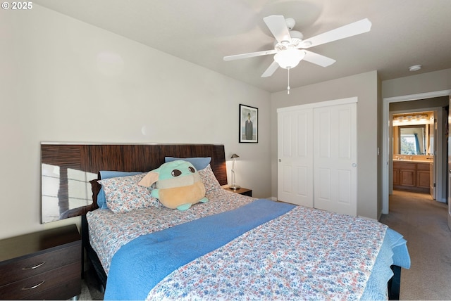 bedroom featuring a closet, ceiling fan, and carpet