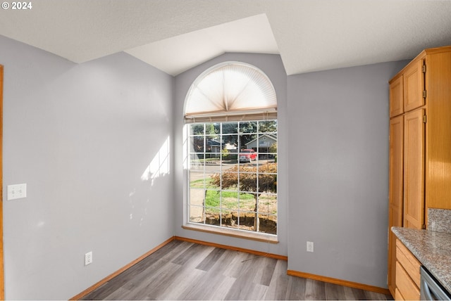 unfurnished dining area with lofted ceiling, light hardwood / wood-style flooring, and a wealth of natural light