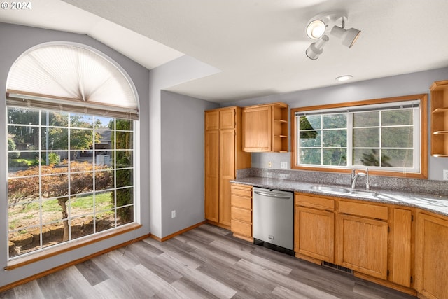 kitchen featuring dishwasher, lofted ceiling, sink, and light hardwood / wood-style floors