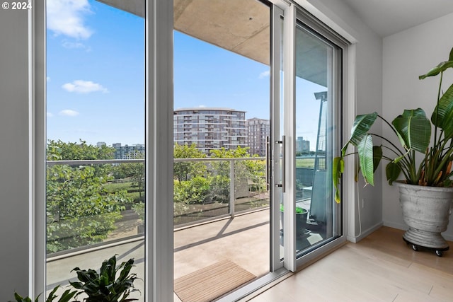 doorway to outside featuring baseboards, light wood finished floors, and a city view