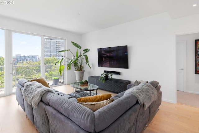 living area with a view of city, light wood-type flooring, and baseboards