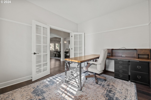 office space featuring french doors and dark hardwood / wood-style floors