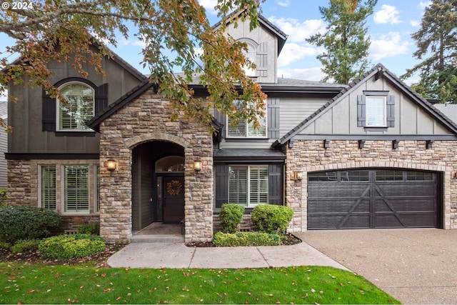 tudor home with a garage