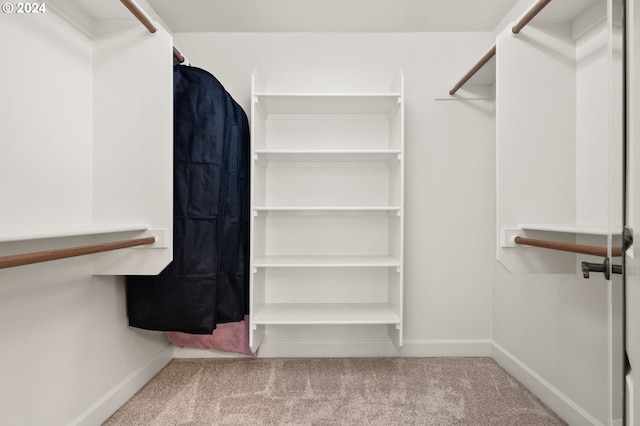 walk in closet featuring light carpet