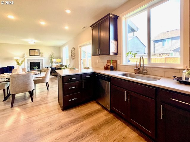 kitchen with dishwasher, plenty of natural light, light hardwood / wood-style floors, and kitchen peninsula