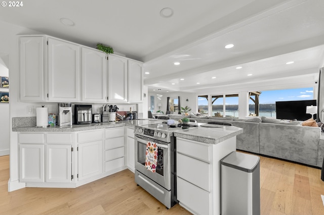 kitchen featuring electric stove, kitchen peninsula, white cabinets, beamed ceiling, and light hardwood / wood-style floors