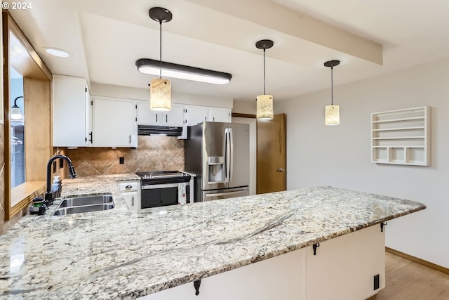 kitchen featuring sink, hanging light fixtures, tasteful backsplash, white cabinets, and appliances with stainless steel finishes