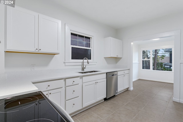 kitchen featuring electric range oven, sink, white cabinets, and dishwasher