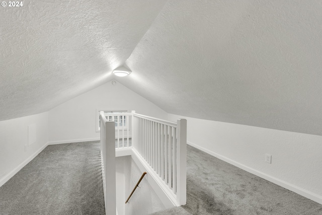 additional living space featuring dark colored carpet, a textured ceiling, and vaulted ceiling