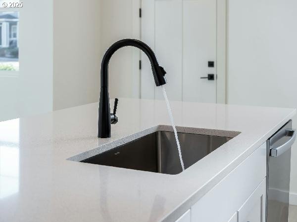 interior details with white cabinets, stainless steel dishwasher, light countertops, and a sink