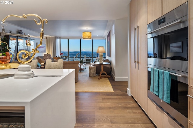 kitchen with dark wood-style floors, stainless steel double oven, expansive windows, a mountain view, and modern cabinets