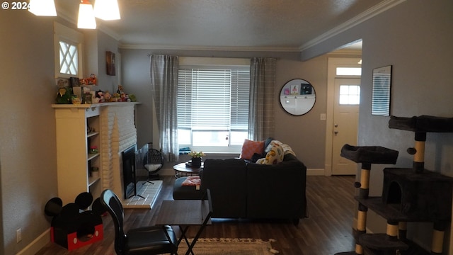 living room with dark hardwood / wood-style flooring, a fireplace, ornamental molding, and a healthy amount of sunlight