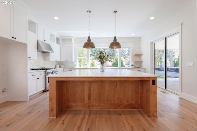 kitchen featuring a healthy amount of sunlight, light hardwood / wood-style flooring, high end stainless steel range oven, and a kitchen island