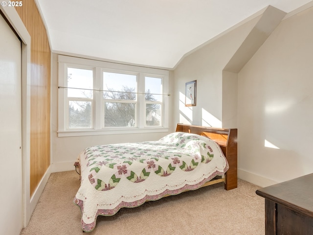 carpeted bedroom with vaulted ceiling and a closet