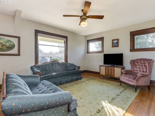 living room featuring ceiling fan and wood-type flooring