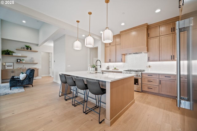 1669 NW Goodwin St, Camas, WA 98607 - kitchen with high end stove, a sink, light wood-style flooring, tasteful backsplash, and recessed lighting