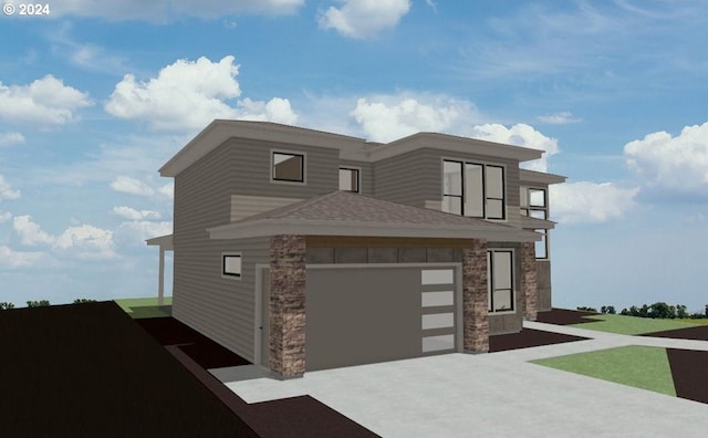 view of front facade with a garage, stone siding, a shingled roof, and concrete driveway