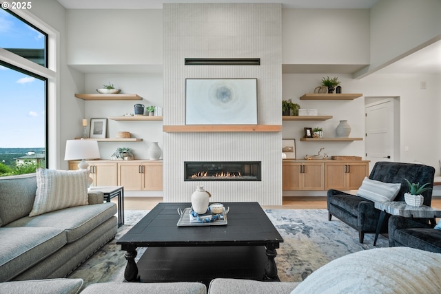 1669 NW Goodwin St, Camas, WA 98607 - living area with healthy amount of natural light, light wood finished floors, and a glass covered fireplace
