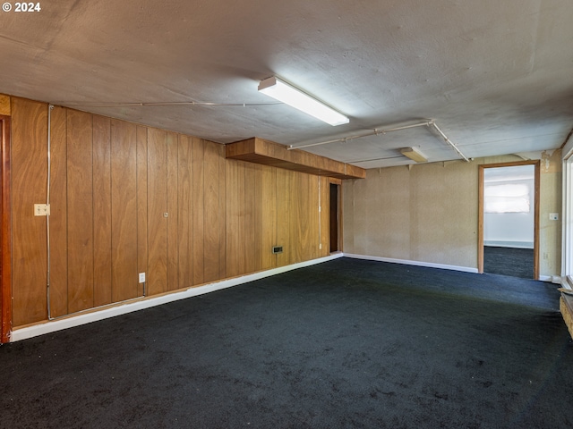 basement with dark carpet and wooden walls