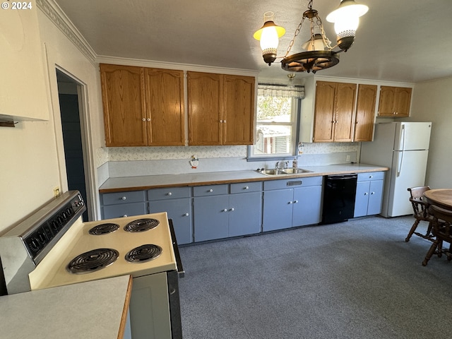 kitchen with electric stove, light countertops, hanging light fixtures, freestanding refrigerator, and dishwasher