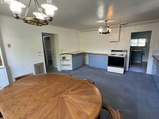 kitchen featuring pendant lighting, a notable chandelier, open shelves, white electric range oven, and dark carpet