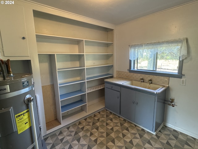 interior space with secured water heater, dark floors, open shelves, and a sink