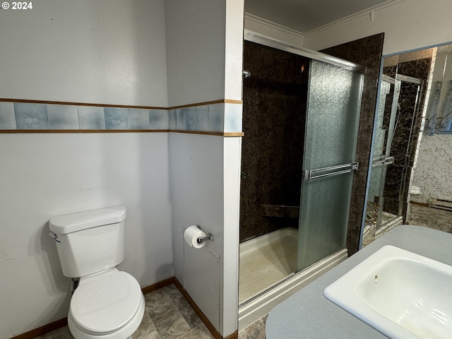 bathroom with a stall shower, a sink, and toilet