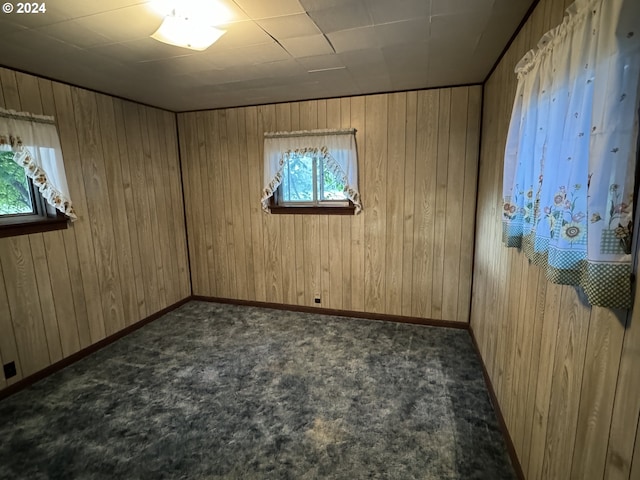 spare room with wood walls, baseboards, and dark colored carpet